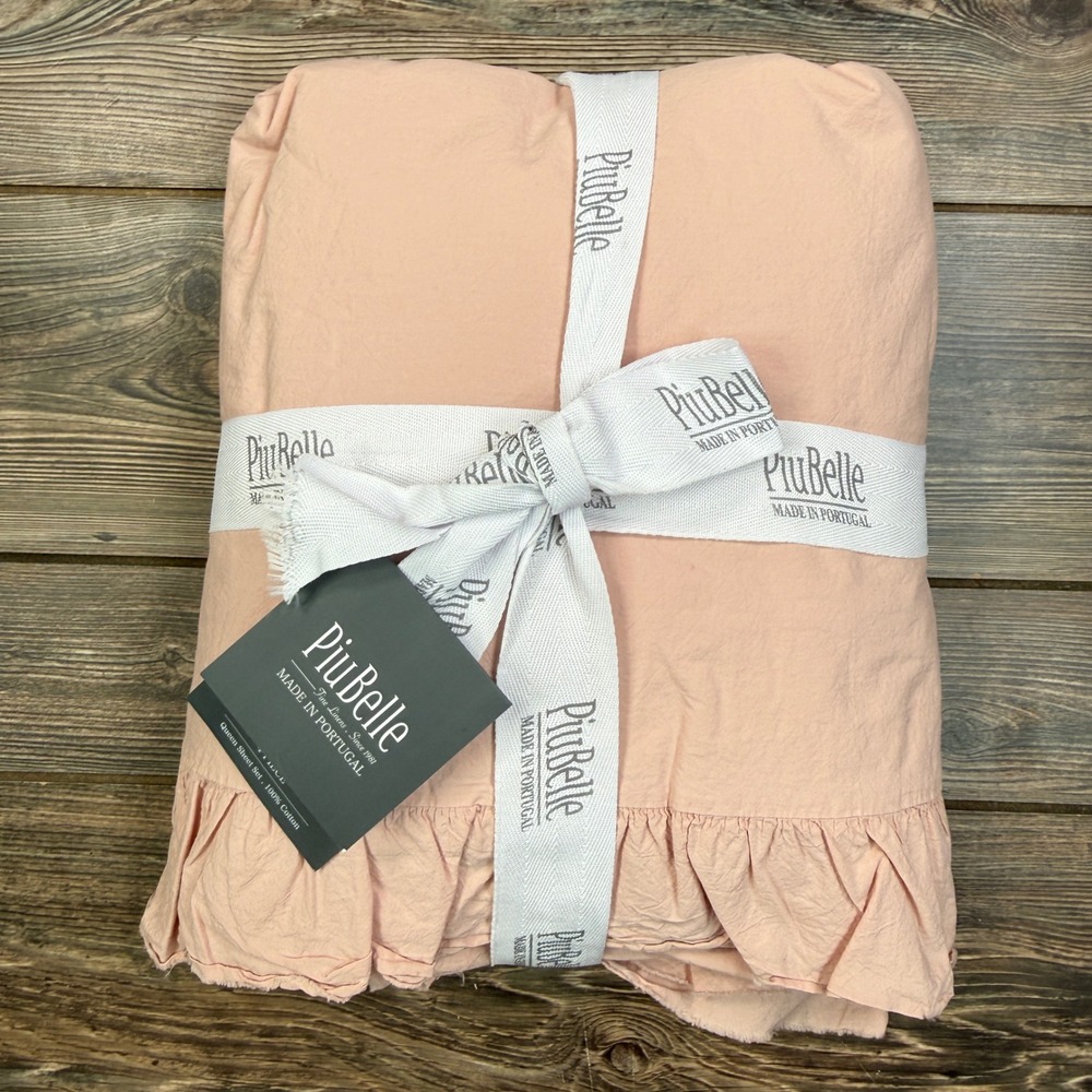 PiuBelle Queen Sheet Set Blush Pink 100% Cotton Ruffle Trim Made in Portugal NEW